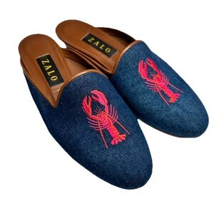 ZALO Women’s Couture Leather Denim Mules Red Embroidered Lobster Sz 8.5